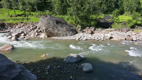 Flowing Mountain River: Relaxing Nature Footage of Clear Water Vídeo Stock 340093046
