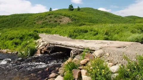 Flowing mountain stream with transparent water and stones. Stock Footage 97729514