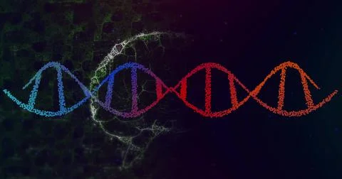 Flowing multicolored DNA helix of dot particles shifting on abstract background, 스톡 사진