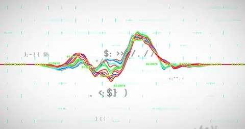 Flowing multicolored waveforms animating digital space, with floating symbols Stock Illustration