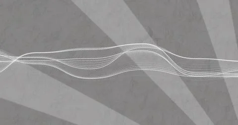 Flowing multiline white dotted waveform crossing center of gray backdrop, radial Illustrazione stock