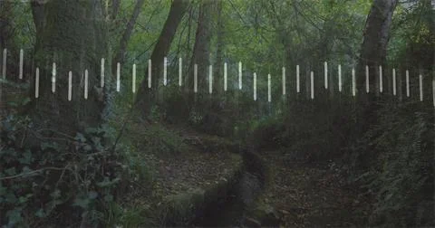 Flowing narrow winding stream cutting leaf-strewn channel through dim ravine Stock Illustration
