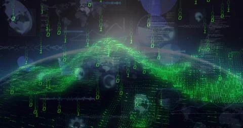 Flowing neon-green data mesh forming wave in virtual map, with binary digits 0 Stock Illustration