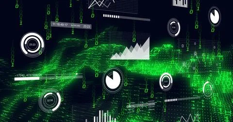 Flowing neon-green data wave moving across dark virtual canvas showing binary Stock Photos