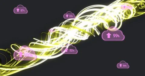 Flowing neon light stream representing data transfer in dark grey tech space, Stock Photos