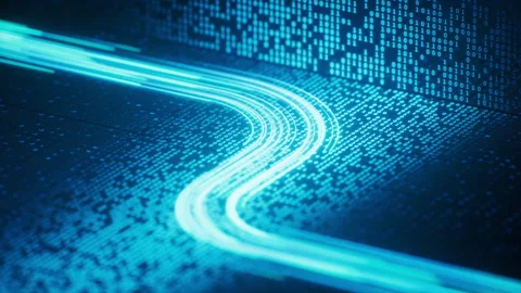 Flowing neon lines with binary data background, 3d rendering. Stock Footage 316272220