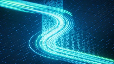Flowing neon lines with binary data background, 3d rendering. Stock Footage 316273137
