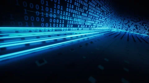 Flowing neon lines with binary data background, 3d rendering. Stock Footage 316273413