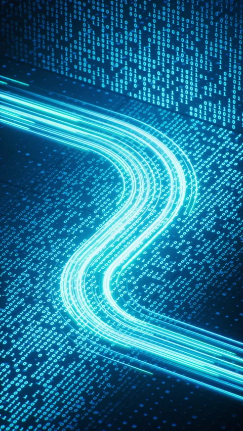 Flowing neon lines with binary data background, 3d rendering. Stock Footage 316273726