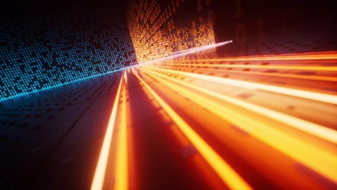Flowing neon lines with binary data background, 3d rendering. Stock Footage 316274314