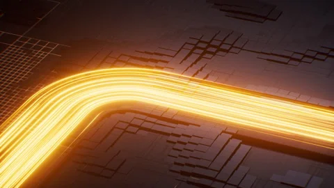 Flowing neon lines with circuit board background, 3d rendering. Stock Footage 330484098