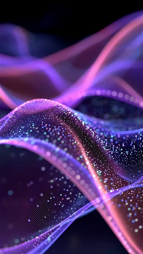 Flowing Neon Waves with Floating Particles in a Pink and Purple Digital Stream Stock Footage 312991078