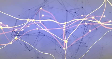 Flowing network weaving through blue-violet backdrop, with glowing nodes and  Foto stock
