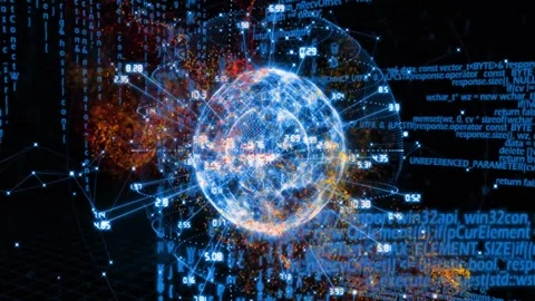 Flowing numbers starting hologram globe, radial links flashing, clouds orbiting Stock Footage 334034134