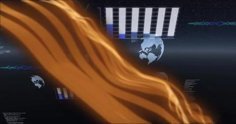 Flowing orange waves over digital data and Earth image Stock Photos