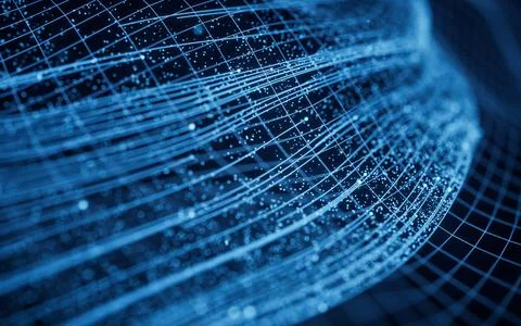 Flowing particles with glowing lines, 3d rendering. Stock Illustration
