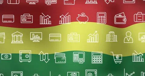 Flowing pattern of bar charts, piggy bank icons moving across graphic design, Stock Illustration