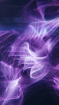 Flowing purple particle waves form layered digital surfaces with luminous d.. Illustrazione stock