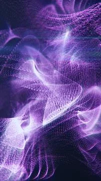 Flowing purple particle waves form layered digital surfaces with luminous d.. イラスト素材