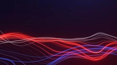 Flowing red, blue, and white neon waves on a dark background create an ener.. Stock Illustration
