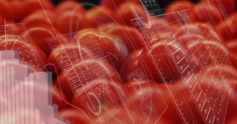 Flowing red waves displaying translucent HUD panels and numeric readouts in Stock Illustration