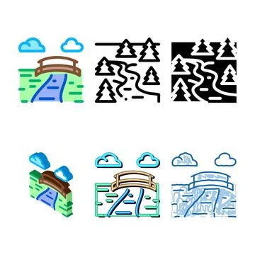 Flowing river among coniferous forests icon vector designs outline Stock Illustration