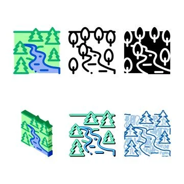 Flowing river among forest icon vector forms outline Stock Illustration