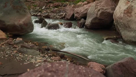 Flowing river among smooth rocks with vibrant greenery in a serene outdoor 動画素材 313107869