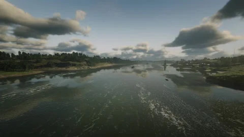 Flowing river boats cloud sunset sunrise Stock Footage 267319685