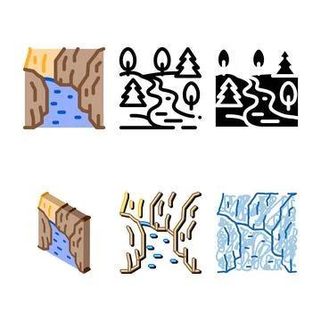 Flowing river looks among different types of trees icon vector outline Stock Illustration