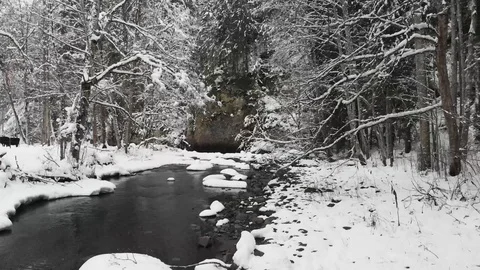 Flowing river in the mountain during winter Stock Footage