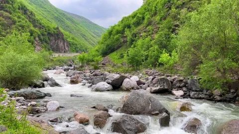 Flowing river with rocks and green forested hills in valley Stock Footage 310247367