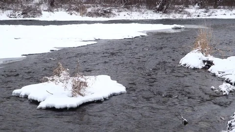 A flowing river in a snowy landscape Stock Footage 107780404