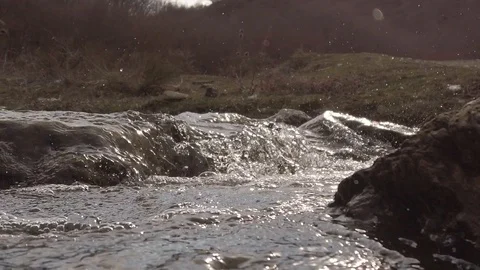 Flowing River Water, Slow Motion, Pan, HD Stock Footage