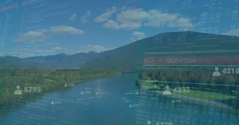 Flowing river winding through forested valley, showing code snippets, binary 写真素材