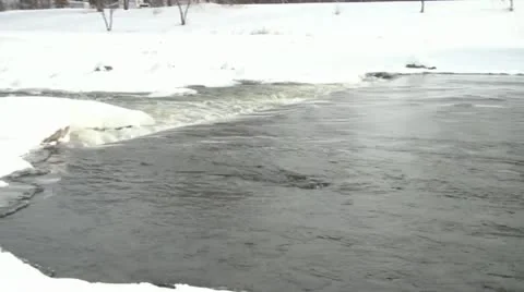 Flowing River in Winter with Danger Stockbeeldmateriaal 11081361