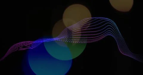 Flowing sinuous dotted ribbon arching across black backdrop, with bokeh orbs and Illustrazione stock