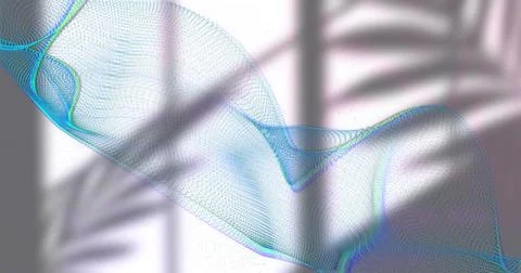 Flowing sinuous translucent mesh ribbon curving across light-colored wall with Foto stock