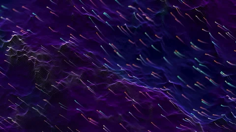 Flowing smooth grid terrain waves background. violet dot waves with light trails Stock Footage 239338815