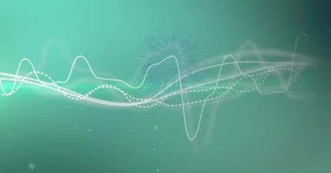 Flowing solid and dotted white waveforms moving across teal gradient, showing Foto stock