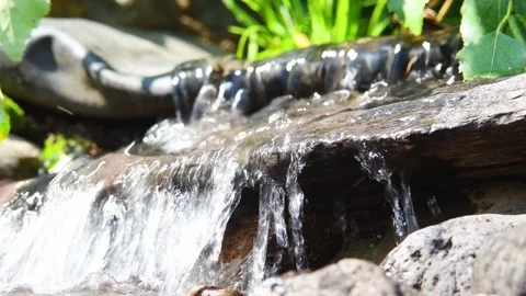 Flowing spring water falls from stones as small waterfall Stock Footage 148696940