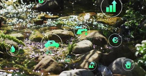 Flowing stream with environmental icons and data processing animation over rocks Stock Footage 305884697
