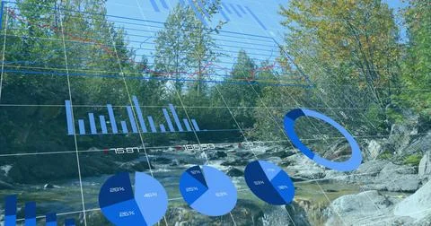 Flowing stream over rocky riverbed carrying 3D grid,bar,pie,line charts,labels Stock Illustration