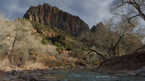 Flowing stream overlooking rock formations at Zion National Park Video stock 104109709