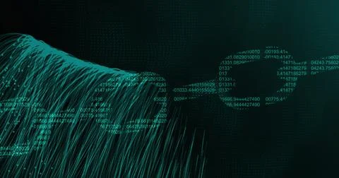 Flowing teal data wave moving through binary grid, with floating numbers and Stock Illustration