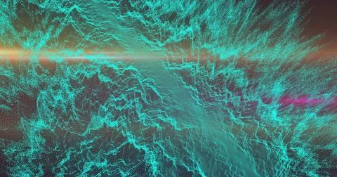 Flowing teal particle mesh with diagonal teal channel in virtual space, yellow Stock Illustration