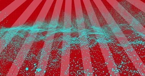 Flowing teal point-cloud ribbon stretching across red striped backdrop, showing Stock Photos