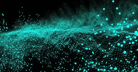 Flowing teal spherical particles wave creating motion against black background Stock Photos