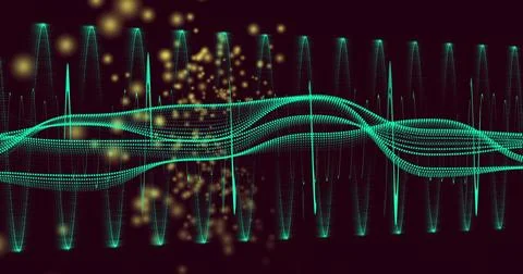 Flowing teal waveform ribbons moving in abstract digital scene, with teal spikes Stock Illustration