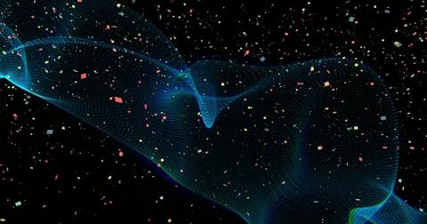 Flowing translucent blue-green mesh curving across digital void, with Stock Photos